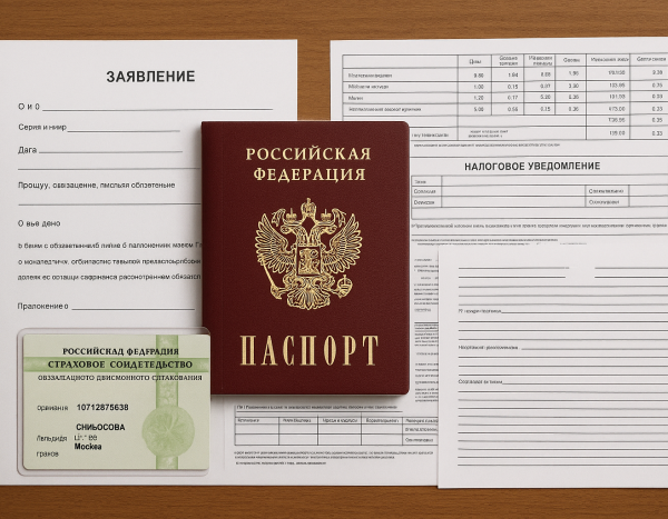 Документы: паспорт, СНИЛС и бумаги на столе