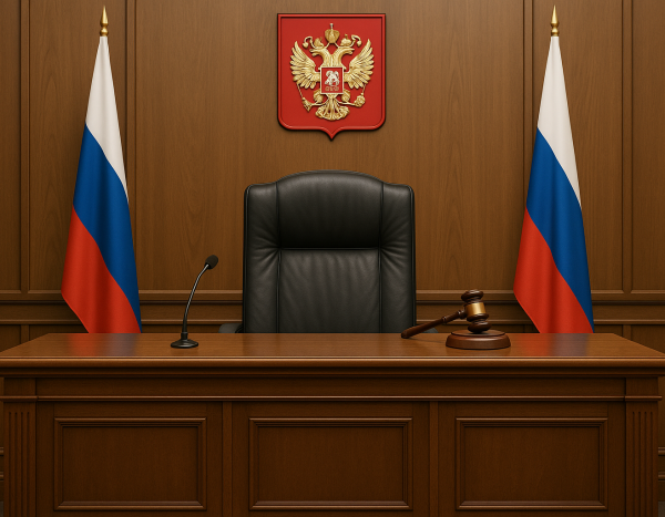 Пустая судебная комната с трибуной и флагами России