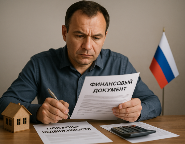 Человек изучает финансовые документы на покупку недвижимости за столом