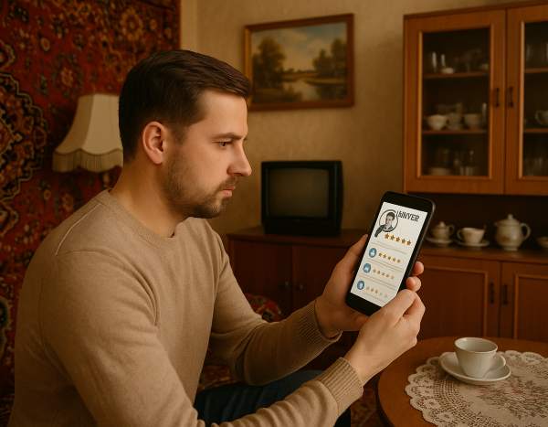 Клиент ищет отзывы о юристе в интернете дома